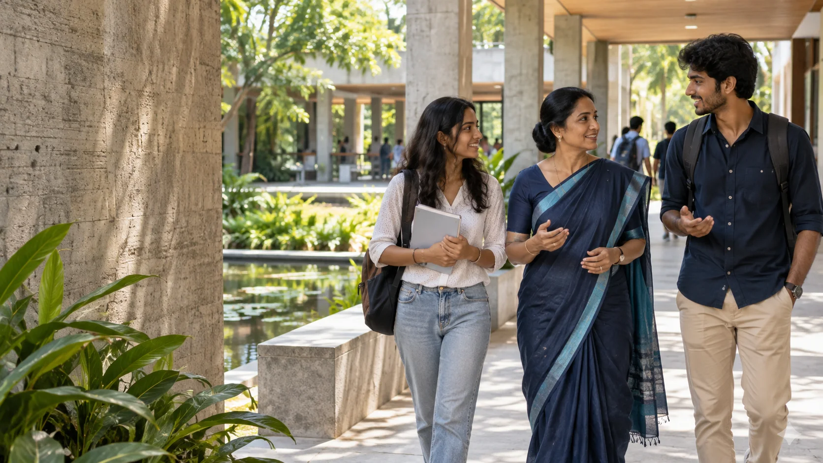 An IMB Campus educator walking with students through a tropical campus