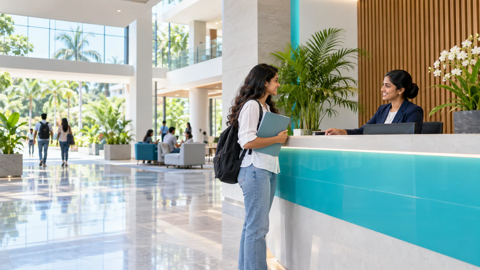 A prospective student being welcomed at IMB Campus reception