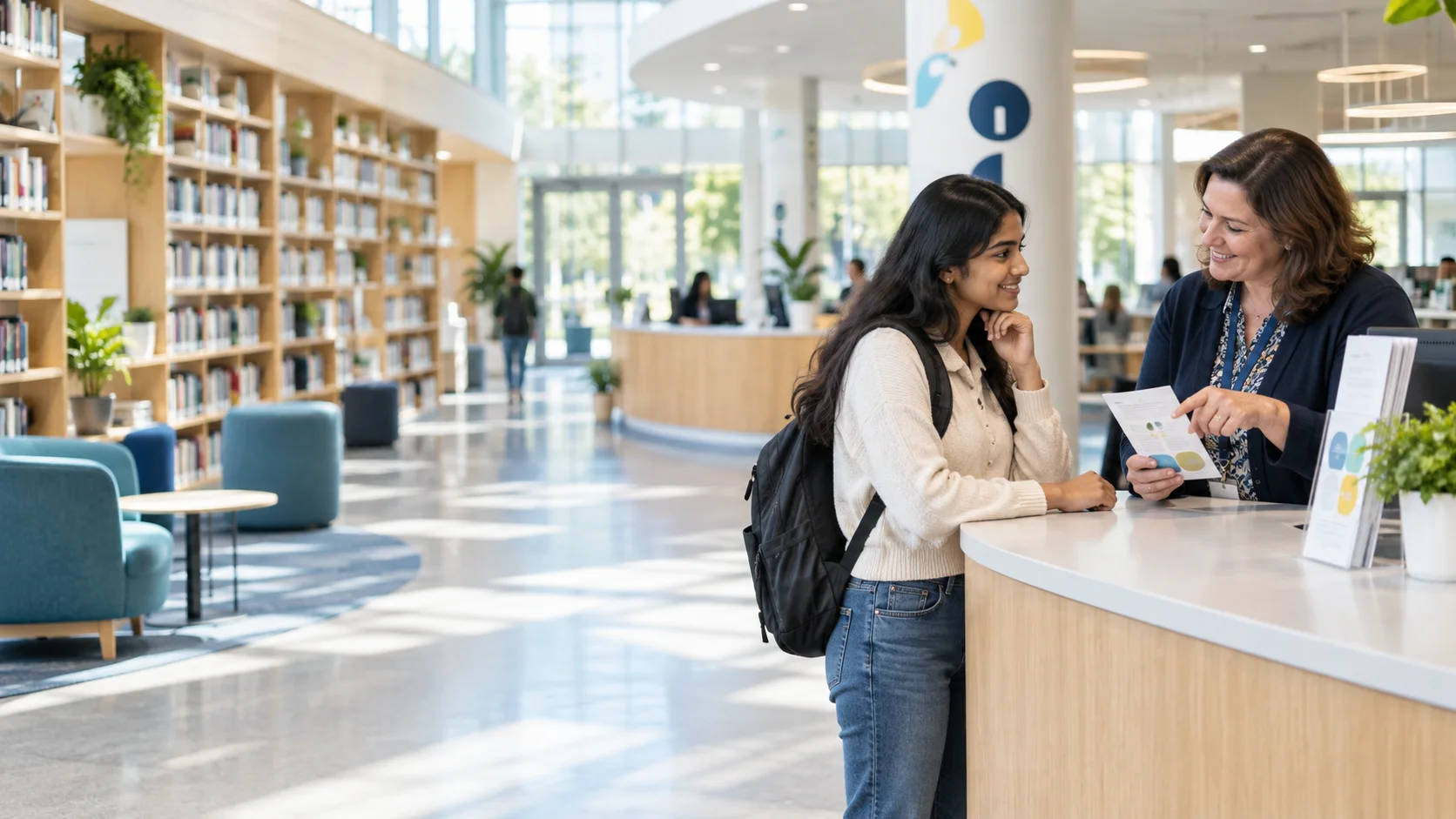 A student receiving clear guidance at the campus support desk
