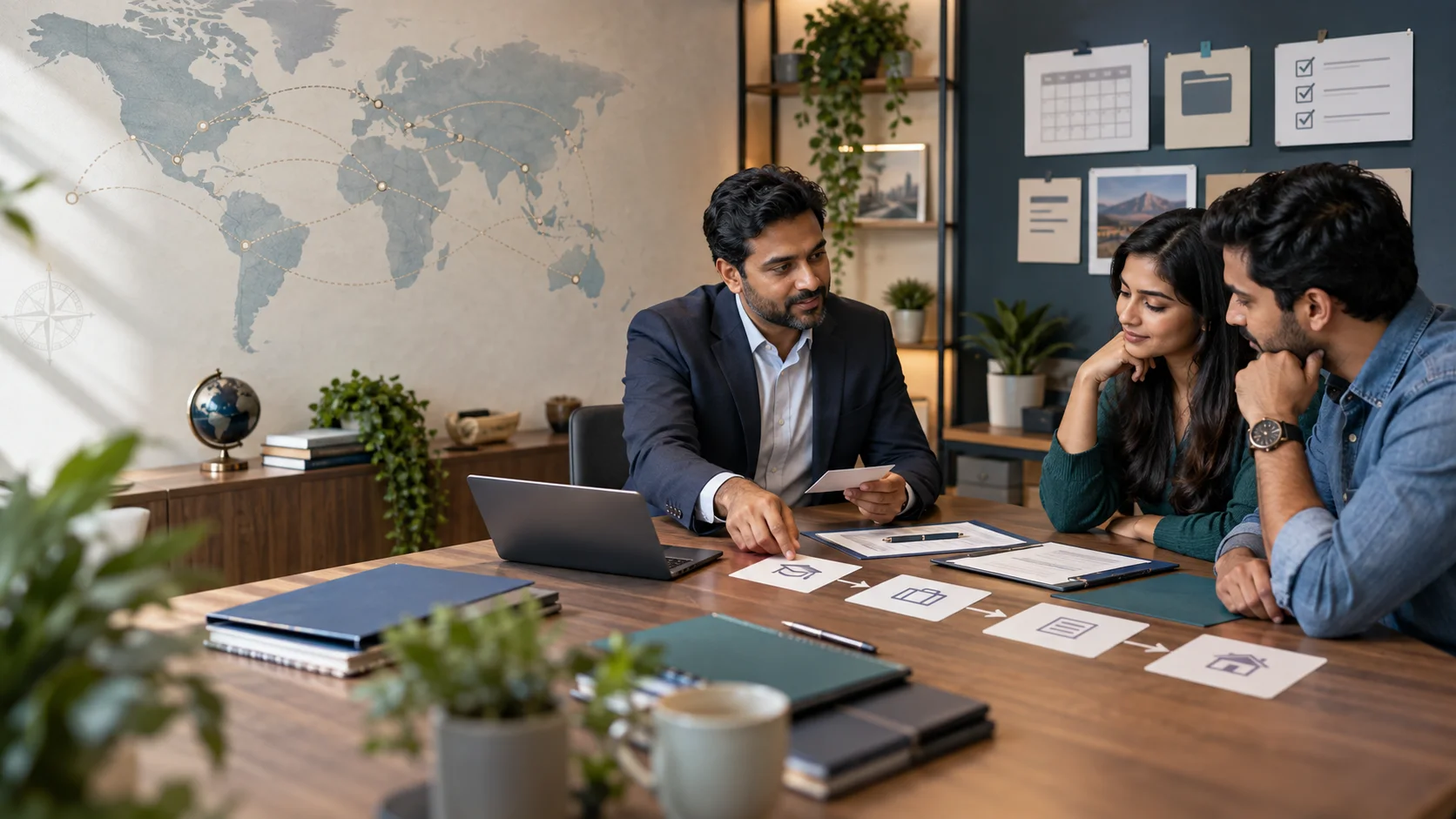 A couple reviewing a structured migration pathway with an advisor